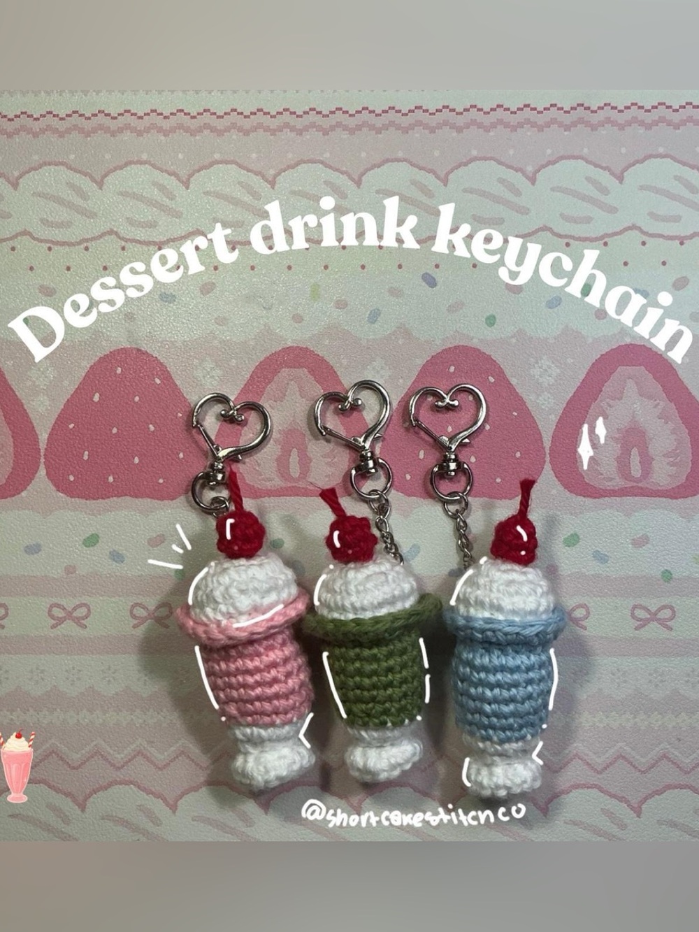 Handmade Crochet Dessert Drink Keychain - Pink, Green, Blue